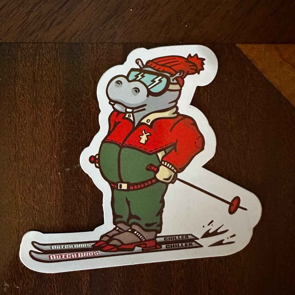Dutch Bros Hippo Skiing Sticker - Red and Green